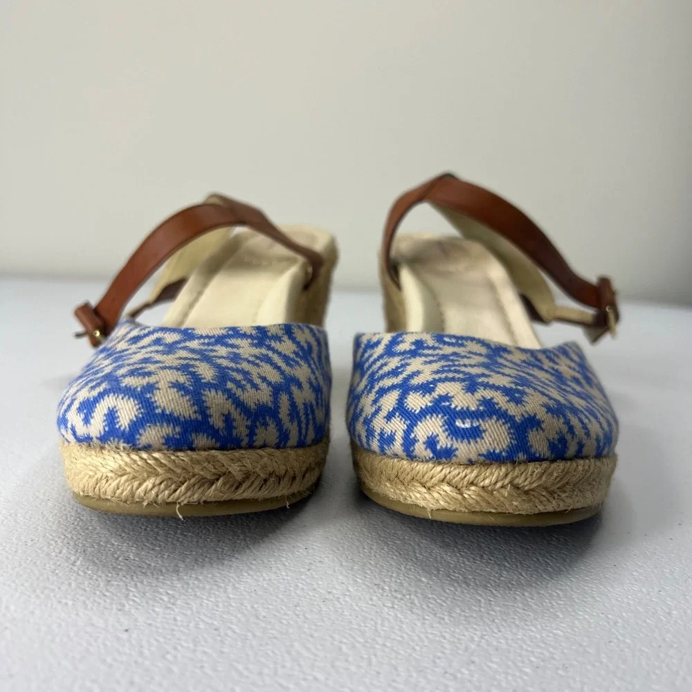 Lands' End Cara Espadrille Wedge Slingback Sandals Ankle Strap Blue Cream Size 7